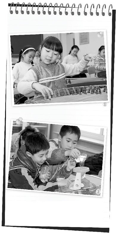 　圖1：鐵路五小古箏社團的孩子們正在演奏《高山流水》，圖2：科學(xué)課上，孩子們正在探索水的秘密。