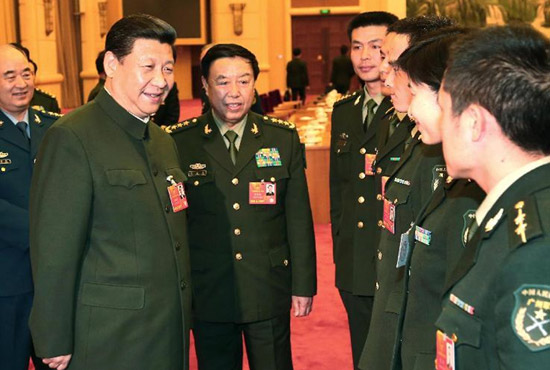 中共中央總書記、中共中央軍委主席習(xí)近平出席十二屆全國人大一次會議解放軍代表團(tuán)全體會議并發(fā)表重要講話。