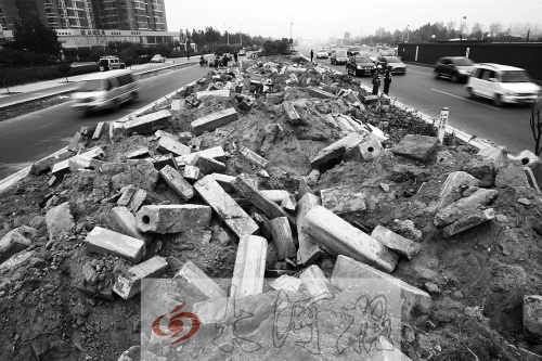 中州大道部分路段，綠化帶成了垃圾場。