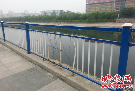 公園內(nèi)多個(gè)護(hù)欄中間的鋼筋條不翼而飛，僅僅是用幾根細(xì)細(xì)鐵絲纏住。