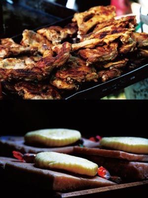 　　草原美食烤肉和奶酪。　