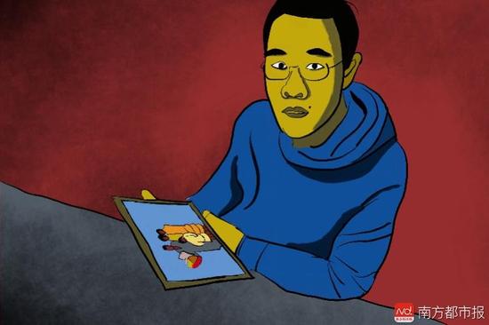 王煥凱看著一家人幸福的合照，黯然神傷，悔不當(dāng)初。（畫(huà)作者：吳斌）