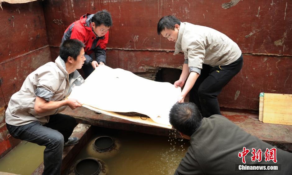 圖為考古現(xiàn)場工作人員小心翼翼將文物取出。