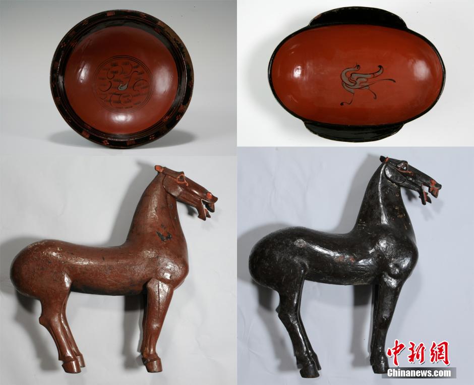 圖為出土漆器240余件，器形有耳杯、奩、幾、盤、盒、俑、馬等。