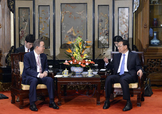 國(guó)務(wù)院李克強(qiáng)會(huì)見(jiàn)聯(lián)合國(guó)秘書長(zhǎng)潘基文