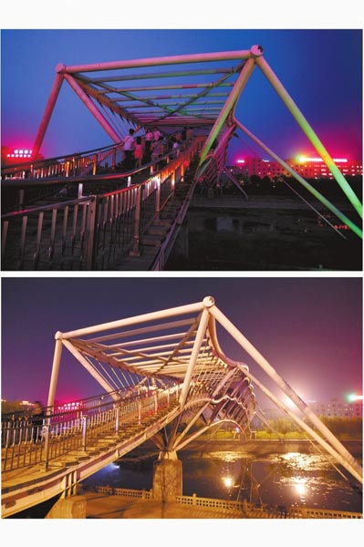 花園路西側(cè)東風(fēng)渠景觀橋，上圖攝于7月31日晚間，下圖攝于10月9日晚間。