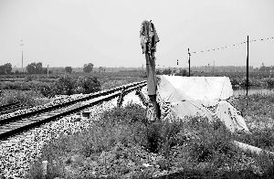 6月30日， 農(nóng)戶用搭建的窩棚和電線桿阻擋了鐵路的施工。新華社發(fā)