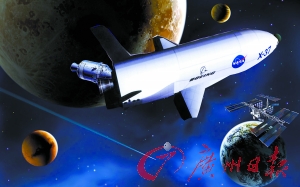 　美國(guó)X—37B宇宙飛船在太空中。（合成圖片）